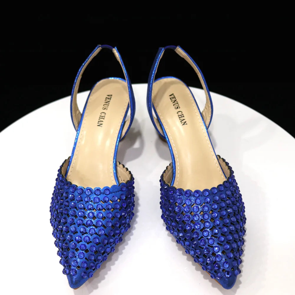 Venus Chan Talons Hauts pour Dame 2023 Designer De Luxe Couleur Verte Plein Diamant Bout Pointu Chaussures De Mariage Et Sac Ensemble pour la Fête