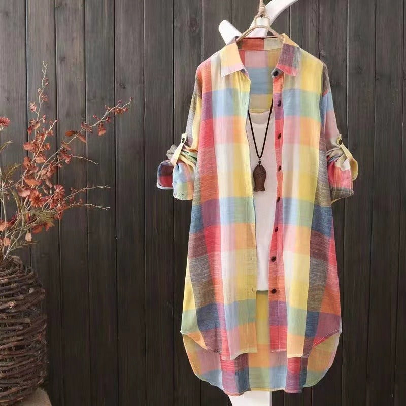 Casual Plaid Cotton Mid Length Shirt Fashion Women Loose Button 2023 Fall Blouse Long Sleeve Winter Sunscreen Plaid Shirt