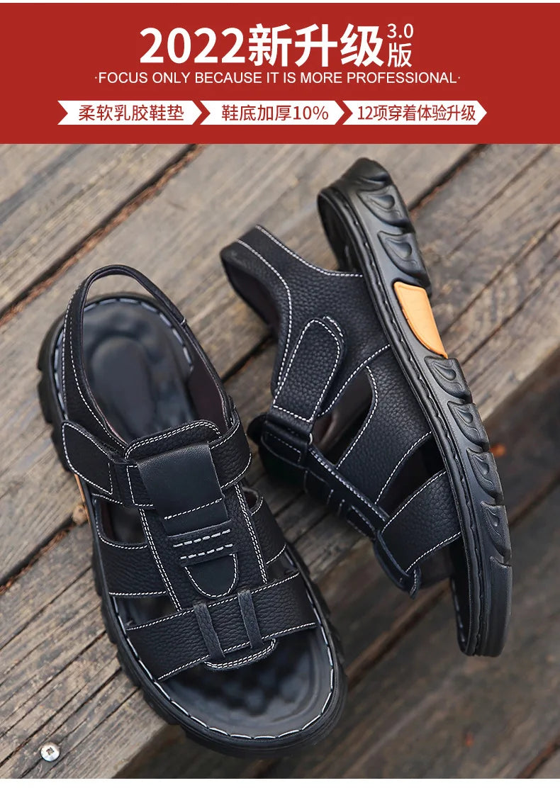 Sandales de luxe pour hommes Sandales en cuir de vache pour hommes 2024 Chaussures de plage à semelles épaisses antidérapantes d'été Baskets de loisirs en cuir faites à la main pour hommes