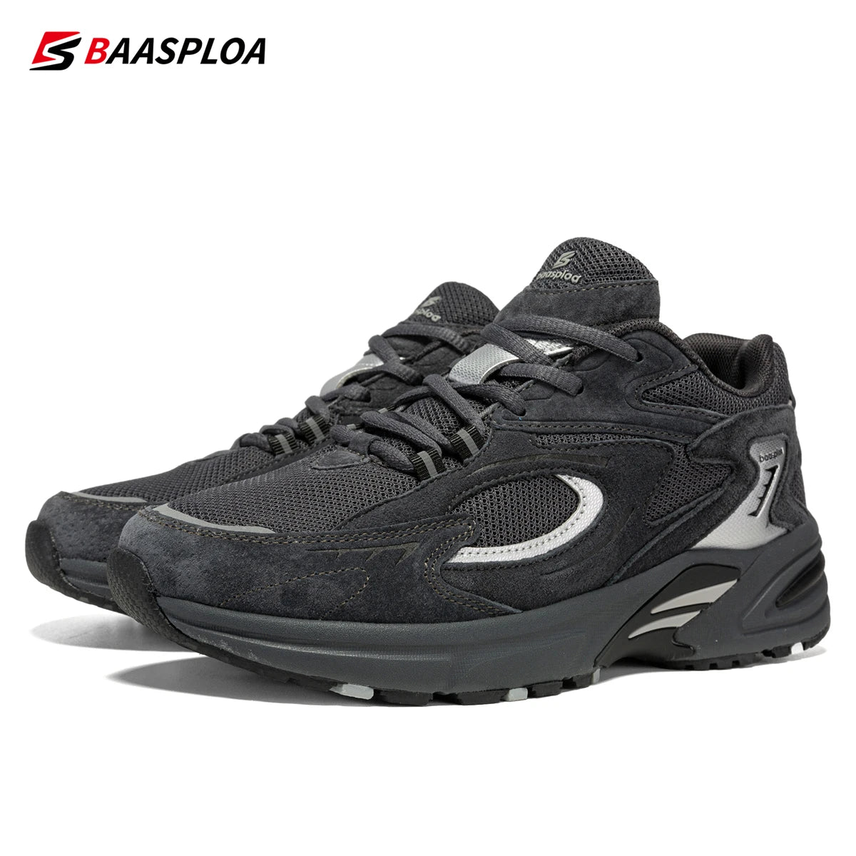 Baasploa Men's Running Shoes Leather Mesh Breathable Non-Slip Men's Outdoor Sports Lightweight Running Basketball Shoes