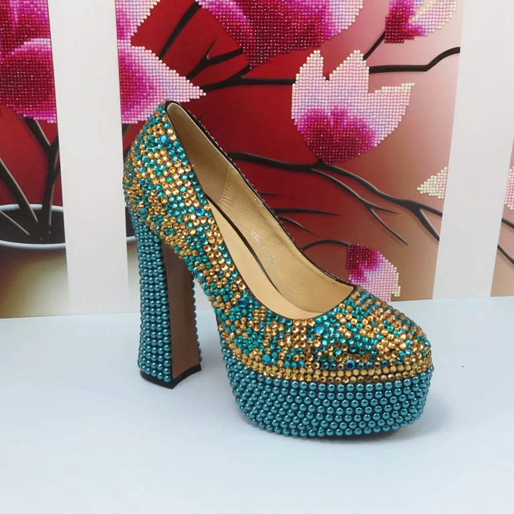 Fashion Teal Blue Mix Color Wedding Shoes and bag Set Woman 14CM High Pumps Thick Heel Party Shoes Matching Bag Round Toe Pumps