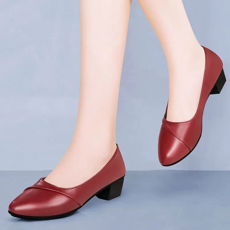 Shoes Women Mid Heel Office Lady Pumps PU Leather Black Basic Square Heeled Spring Autumn Loafers Female Zapatos