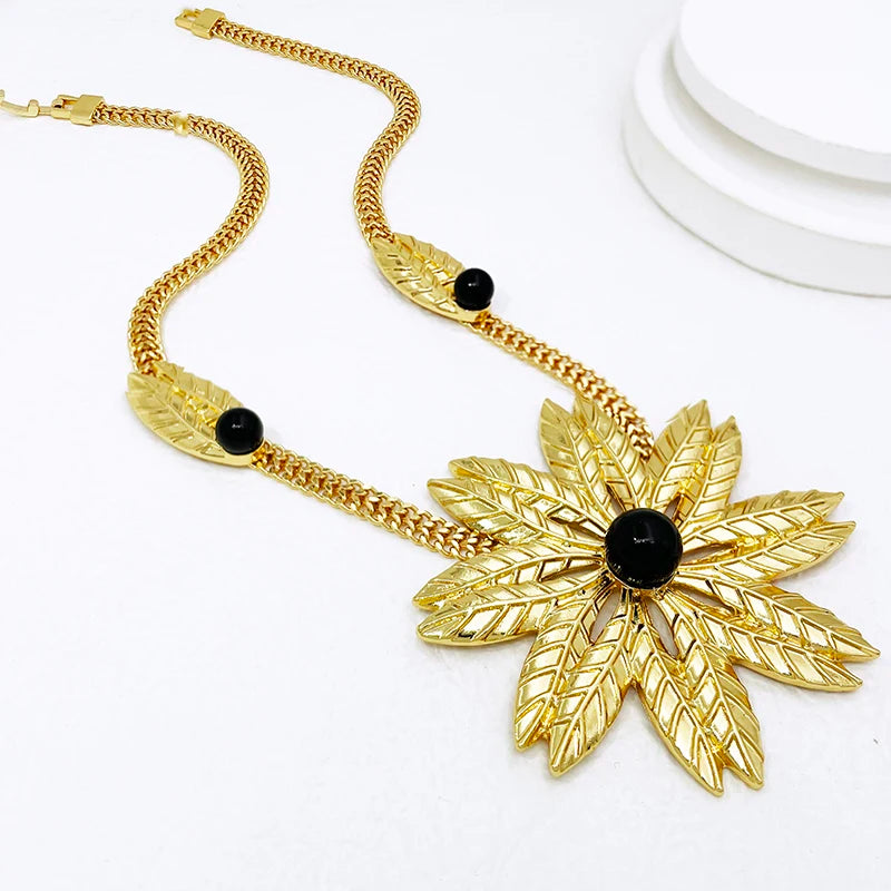 Women Jewelry Set African Nigeria Bold Jewelry 18K Gold Plated Plant Leaves Necklace Earring Bracelet Ring Imitation Pearls