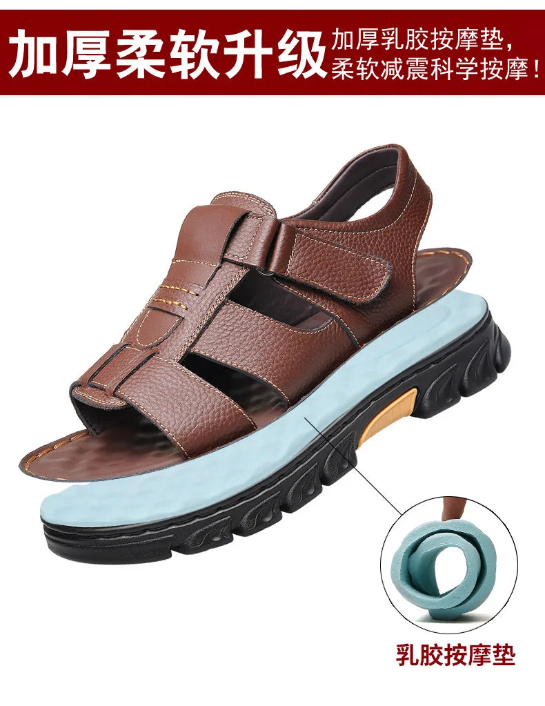Sandales de luxe pour hommes Sandales en cuir de vache pour hommes 2024 Chaussures de plage à semelles épaisses antidérapantes d'été Baskets de loisirs en cuir faites à la main pour hommes
