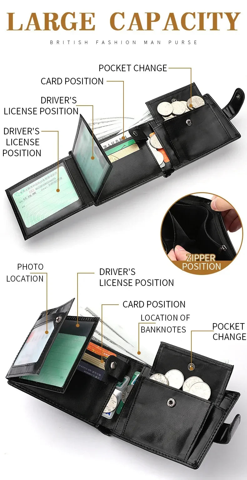Retro Large Capacity 3 Fold Buckle Short Wallet PU leather Wallet Multiple Card Slots ID Credit Card Holder Men Coin Bag Purse