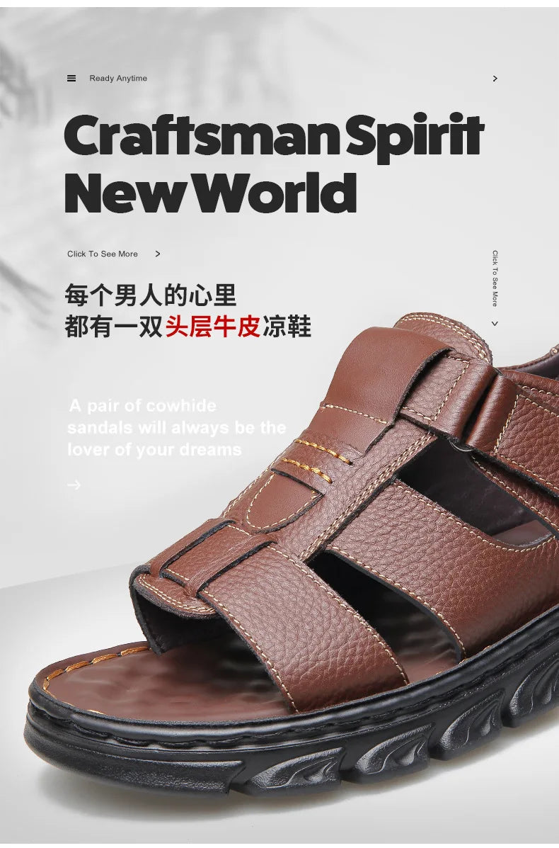 Sandales de luxe pour hommes Sandales en cuir de vache pour hommes 2024 Chaussures de plage à semelles épaisses antidérapantes d'été Baskets de loisirs en cuir faites à la main pour hommes
