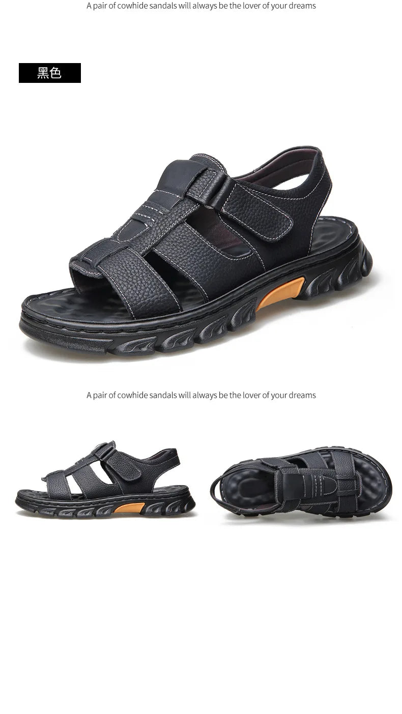 Sandales de luxe pour hommes Sandales en cuir de vache pour hommes 2024 Chaussures de plage à semelles épaisses antidérapantes d'été Baskets de loisirs en cuir faites à la main pour hommes