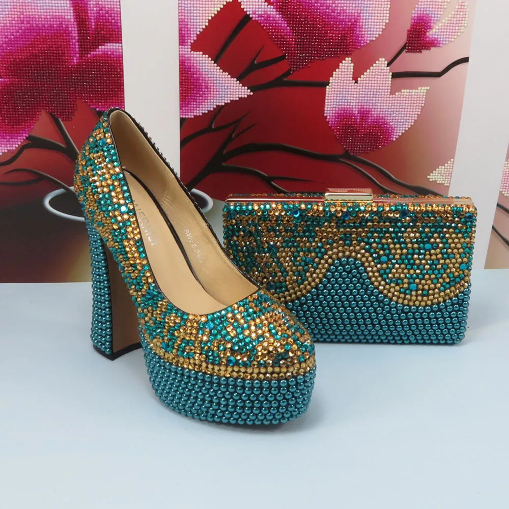 Fashion Teal Blue Mix Color Wedding Shoes and bag Set Woman 14CM High Pumps Thick Heel Party Shoes Matching Bag Round Toe Pumps