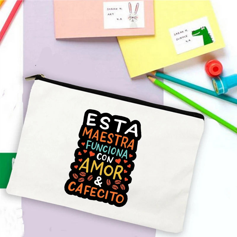 School Stationery Supplies Storage Bags Rainbow Teacher Spanish Printed Teacher Pencil Cases Travel Wash Pouch Gifts Makeup Bag