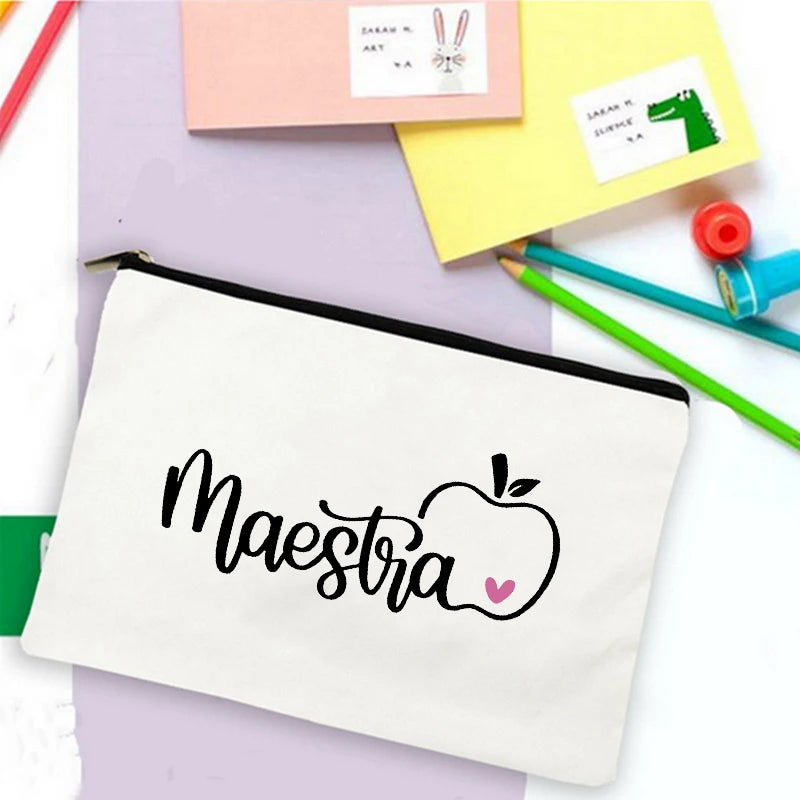 School Stationery Supplies Storage Bags Rainbow Teacher Spanish Printed Teacher Pencil Cases Travel Wash Pouch Gifts Makeup Bag