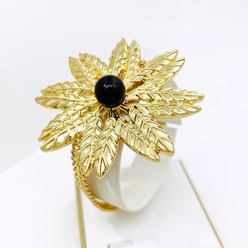 Women Jewelry Set African Nigeria Bold Jewelry 18K Gold Plated Plant Leaves Necklace Earring Bracelet Ring Imitation Pearls