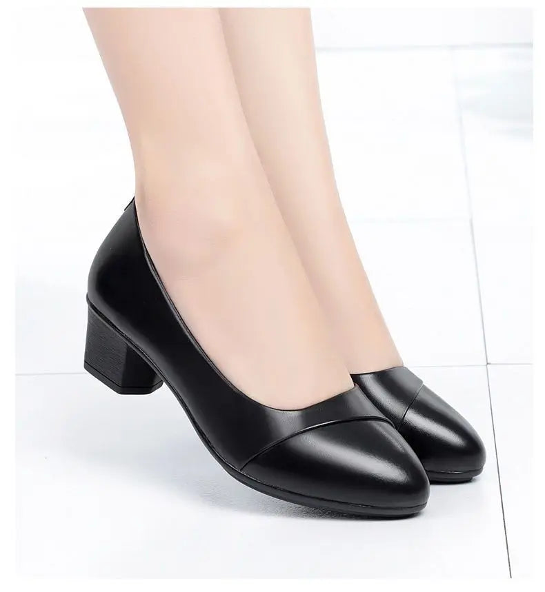 Shoes Women Mid Heel Office Lady Pumps PU Leather Black Basic Square Heeled Spring Autumn Loafers Female Zapatos
