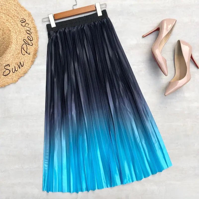 Seoulish 2024 New Elegant Gradient Stain Women's Pleated Skirts High Waist Skirts Mi-long Umbrella Skirt Spring Summer