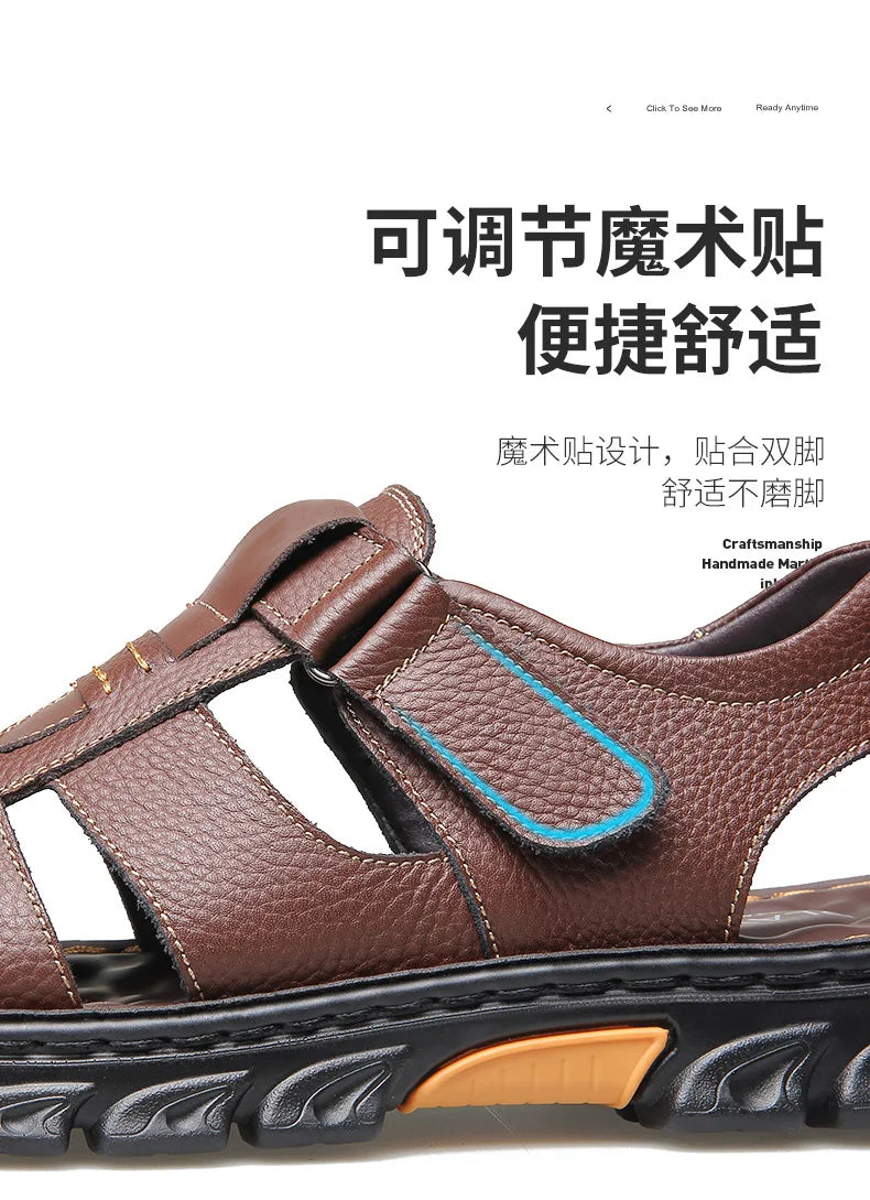 Sandales de luxe pour hommes Sandales en cuir de vache pour hommes 2024 Chaussures de plage à semelles épaisses antidérapantes d'été Baskets de loisirs en cuir faites à la main pour hommes