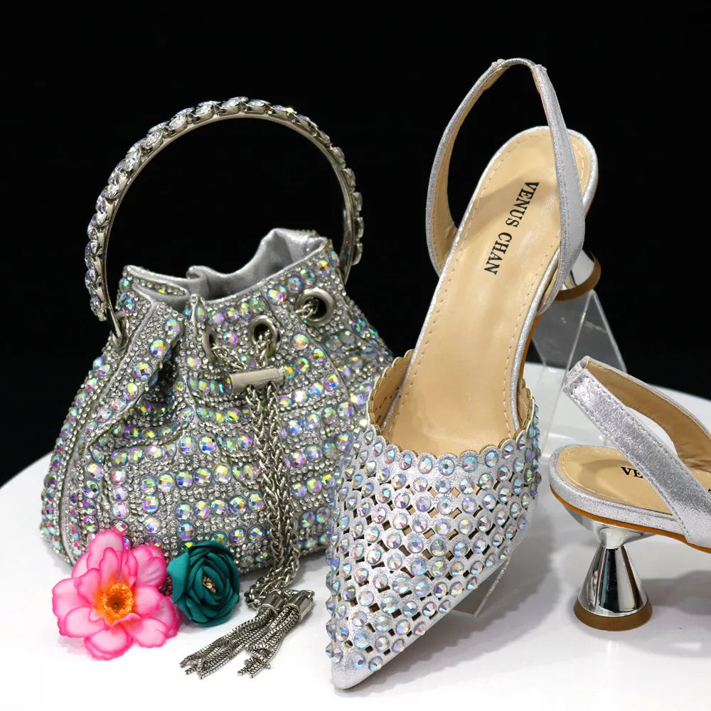 Venus Chan Talons Hauts pour Dame 2023 Designer De Luxe Couleur Verte Plein Diamant Bout Pointu Chaussures De Mariage Et Sac Ensemble pour la Fête