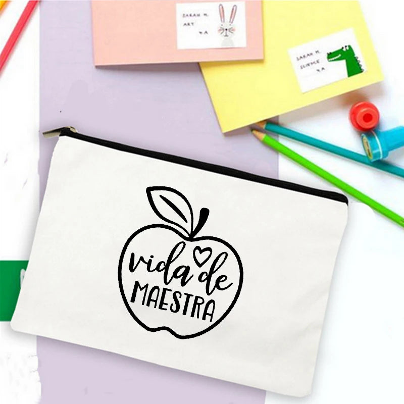 School Stationery Supplies Storage Bags Rainbow Teacher Spanish Printed Teacher Pencil Cases Travel Wash Pouch Gifts Makeup Bag