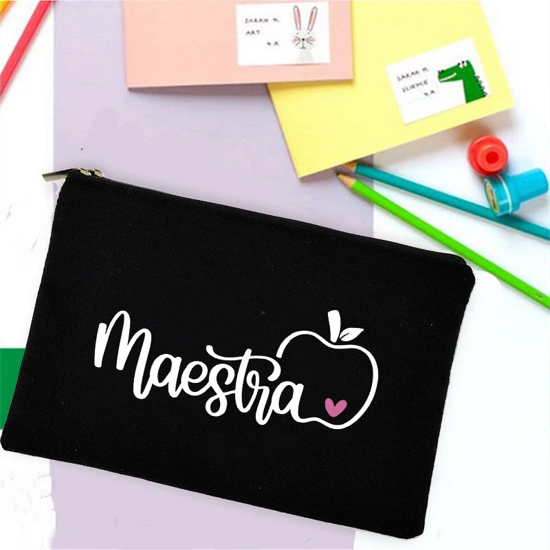 School Stationery Supplies Storage Bags Rainbow Teacher Spanish Printed Teacher Pencil Cases Travel Wash Pouch Gifts Makeup Bag