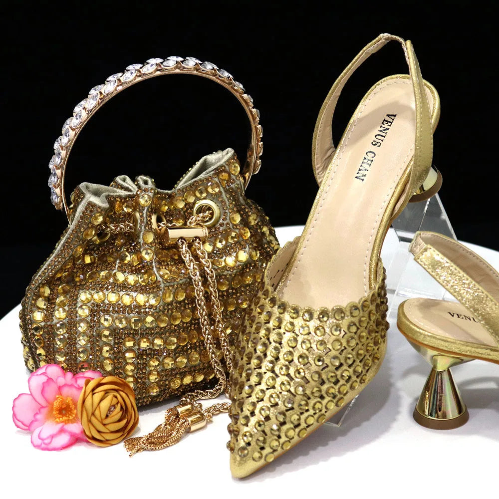 Venus Chan Talons Hauts pour Dame 2023 Designer De Luxe Couleur Verte Plein Diamant Bout Pointu Chaussures De Mariage Et Sac Ensemble pour la Fête