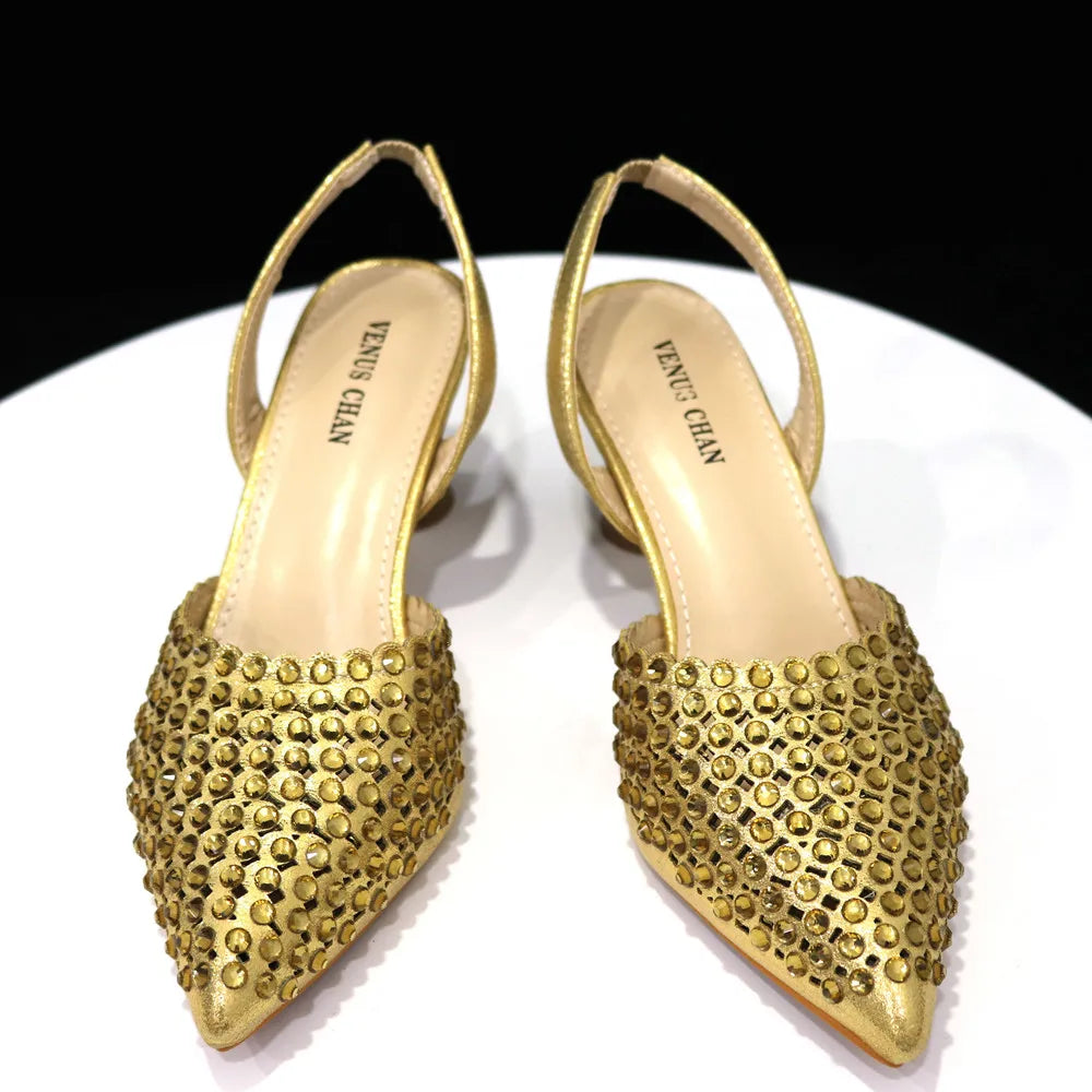 Venus Chan Talons Hauts pour Dame 2023 Designer De Luxe Couleur Verte Plein Diamant Bout Pointu Chaussures De Mariage Et Sac Ensemble pour la Fête