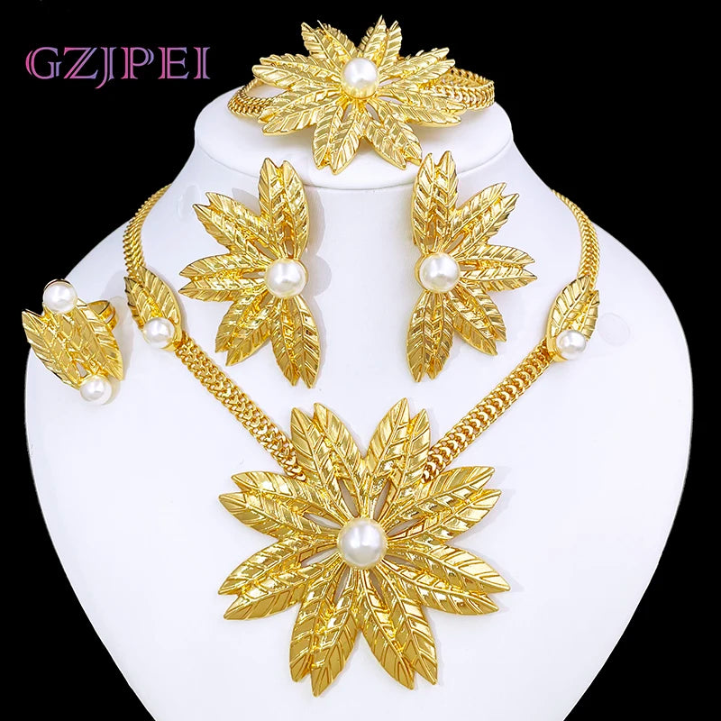 Women Jewelry Set African Nigeria Bold Jewelry 18K Gold Plated Plant Leaves Necklace Earring Bracelet Ring Imitation Pearls