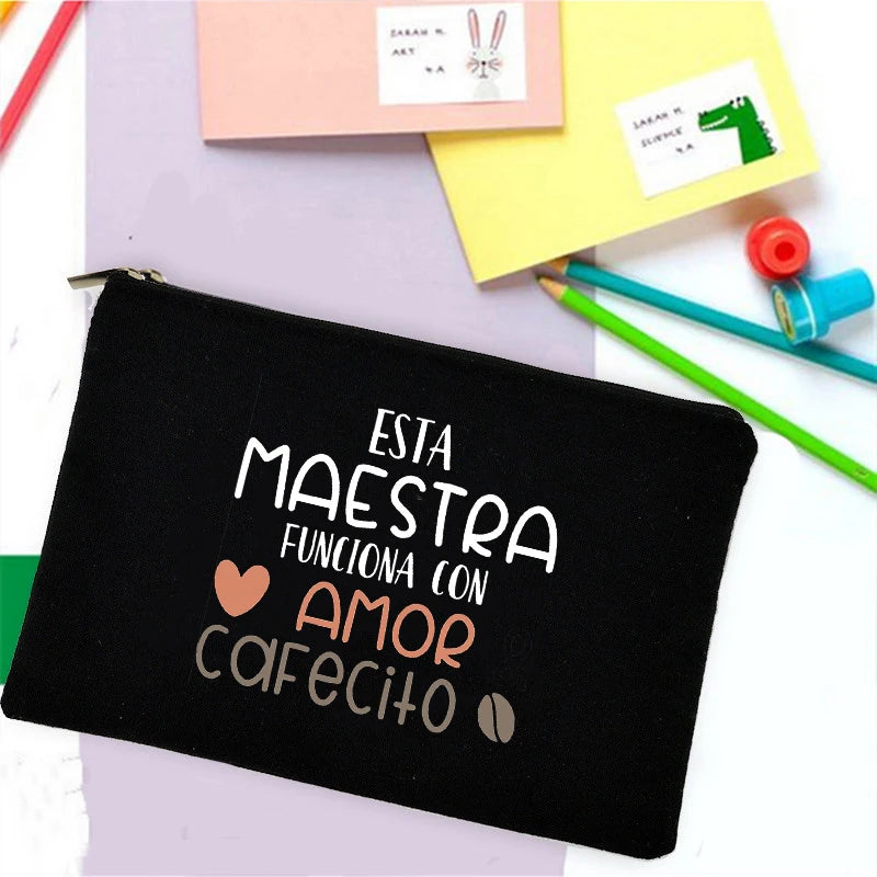 School Stationery Supplies Storage Bags Rainbow Teacher Spanish Printed Teacher Pencil Cases Travel Wash Pouch Gifts Makeup Bag