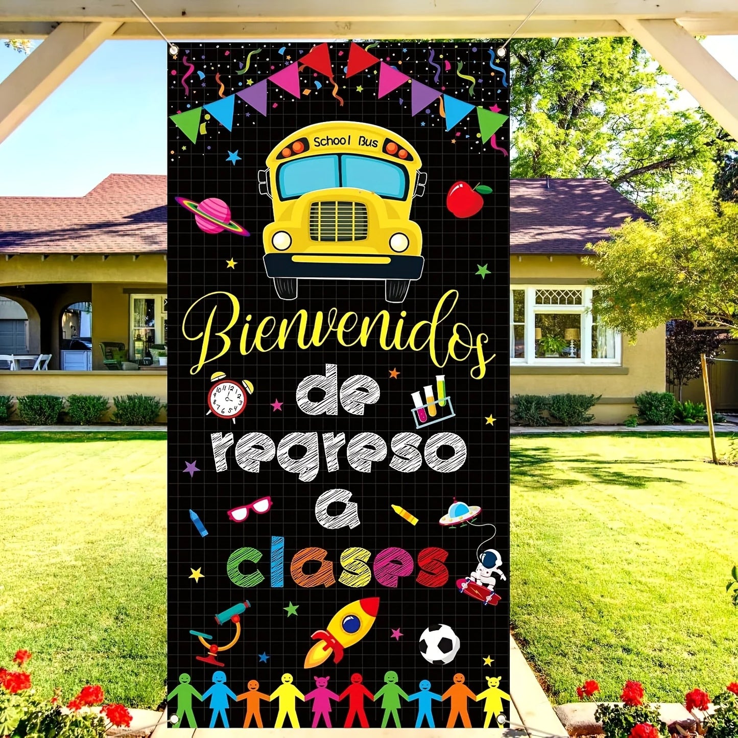 Bienvenidos De Regreso A Clases Door Cover Spanish Welcome Back to School Decoration Photo Booth Backdrop Decor Wall Decoration