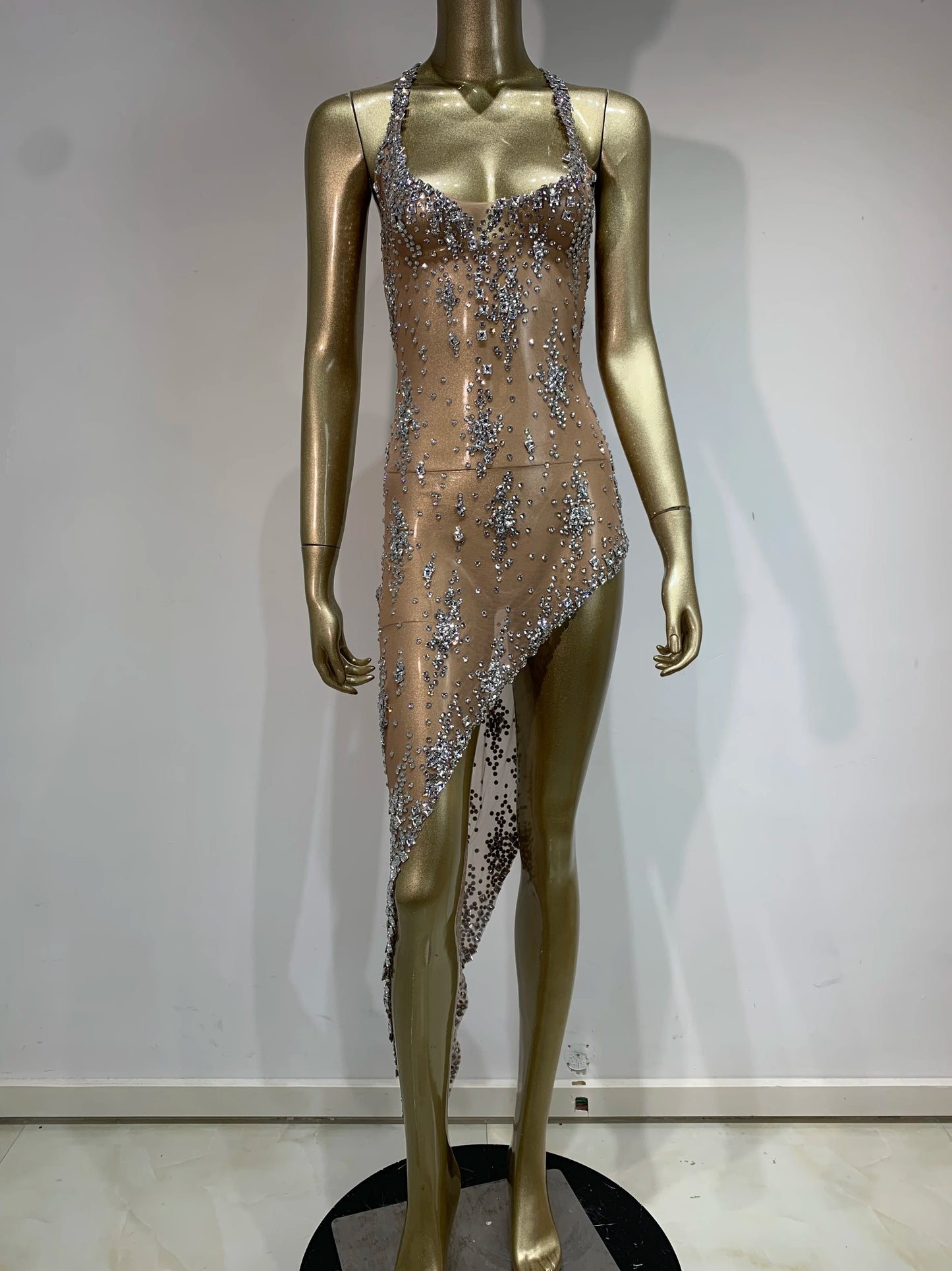 Stock Sparkly Rhinestone Evening Dress Women Celebrity Birthday Wear Sexy See Through Mesh Photo Shoot Stage performance Costume