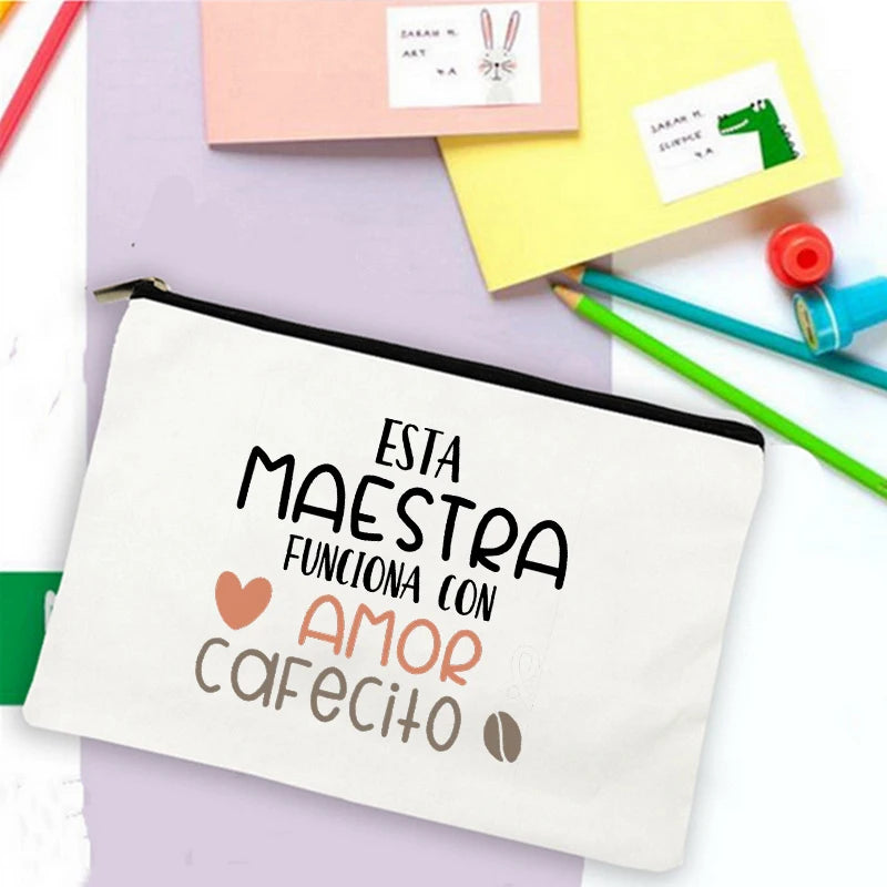 School Stationery Supplies Storage Bags Rainbow Teacher Spanish Printed Teacher Pencil Cases Travel Wash Pouch Gifts Makeup Bag