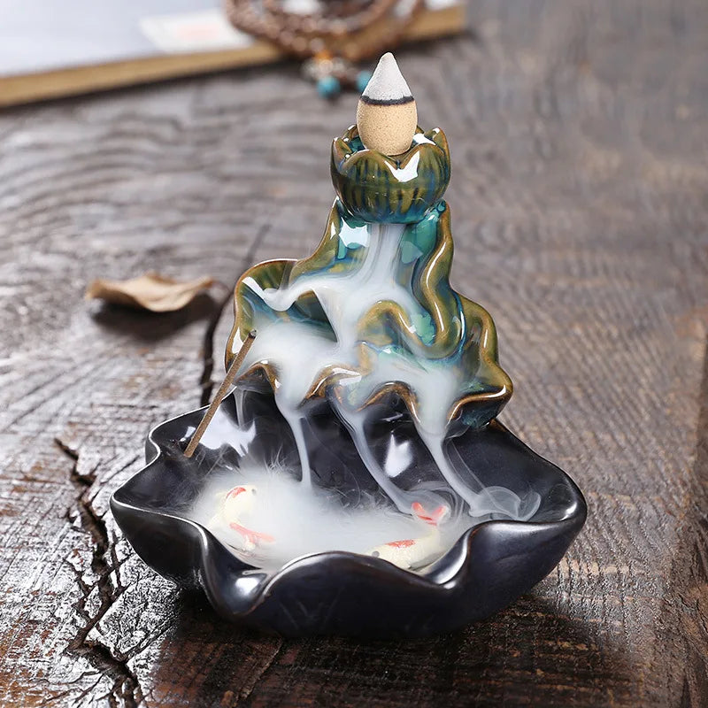 Backflow Incense Burner Aroma Diffuser Household Decoration Accessories, Zen Lotus Leaf Lotus Waterfall Backflow Incense Stand