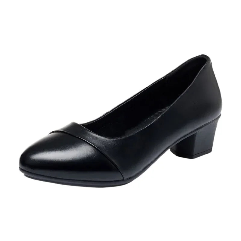 Shoes Women Mid Heel Office Lady Pumps PU Leather Black Basic Square Heeled Spring Autumn Loafers Female Zapatos