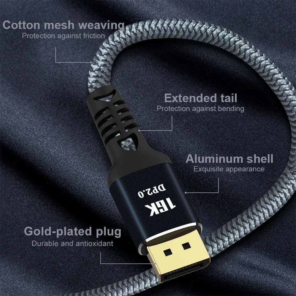 Câble DisplayPort 2.0 16K 8K DP 2.0 DP Câble vidéo/moniteur DP vers DP 16K@30Hz 8K@120Hz 4K@240Hz pour boîtiers HDTV Moniteurs de jeu Vert