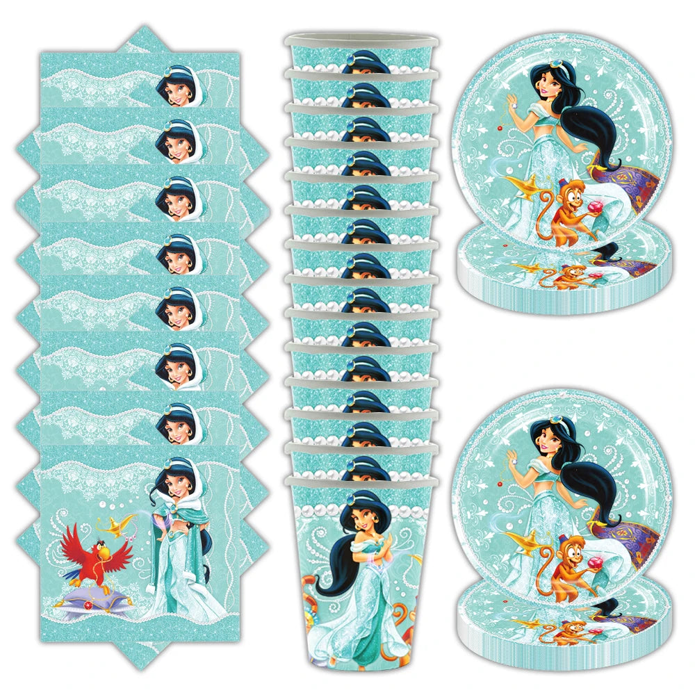60pcs/lot Jasmine Theme Girls Kids Favors Cups Plates Napkins Happy Birthday Party Dishes Tableware Set Decorate Events Supplies
