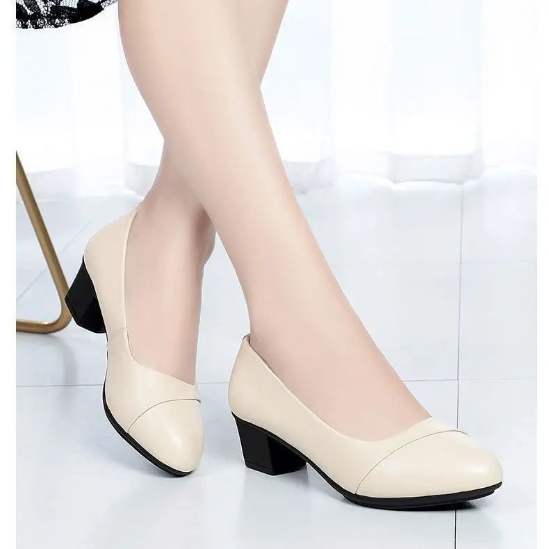 Shoes Women Mid Heel Office Lady Pumps PU Leather Black Basic Square Heeled Spring Autumn Loafers Female Zapatos