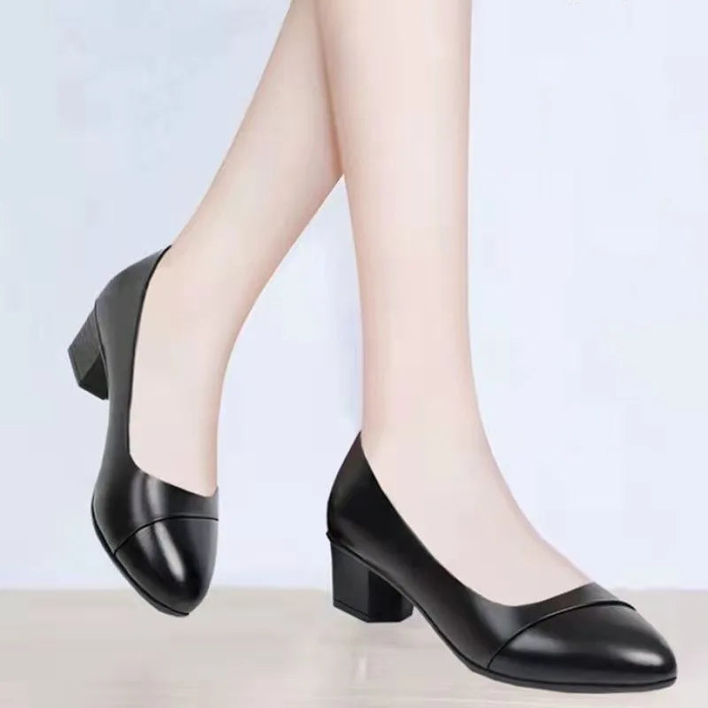 Shoes Women Mid Heel Office Lady Pumps PU Leather Black Basic Square Heeled Spring Autumn Loafers Female Zapatos