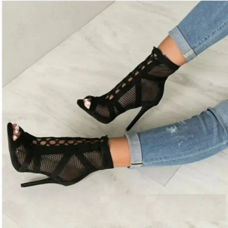 Women High Heels Dance Shoes Summer Mesh Cutout Breathable Boots Elegant Shoes Ladies Fashion Party Stiletto Sandals