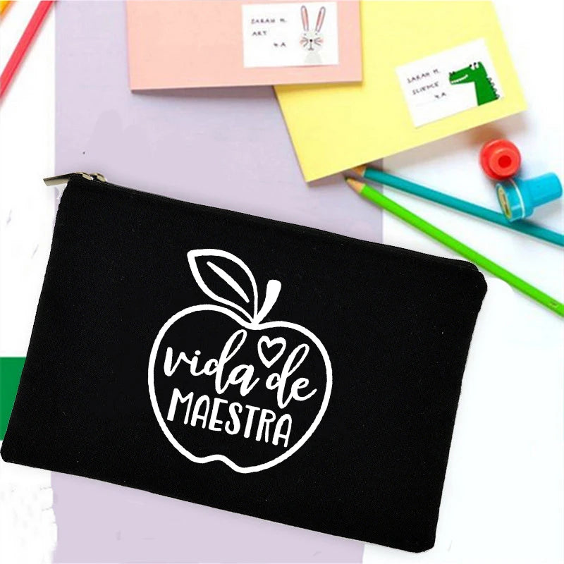 School Stationery Supplies Storage Bags Rainbow Teacher Spanish Printed Teacher Pencil Cases Travel Wash Pouch Gifts Makeup Bag