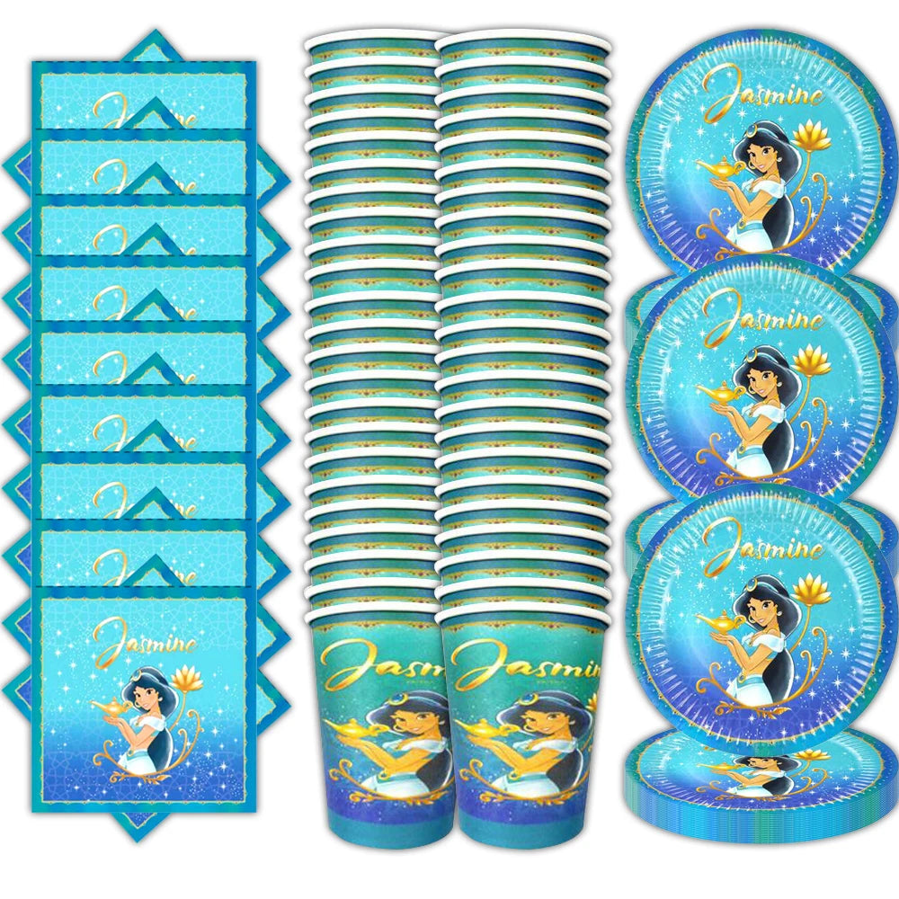 60pcs/lot Jasmine Theme Girls Kids Favors Cups Plates Napkins Happy Birthday Party Dishes Tableware Set Decorate Events Supplies