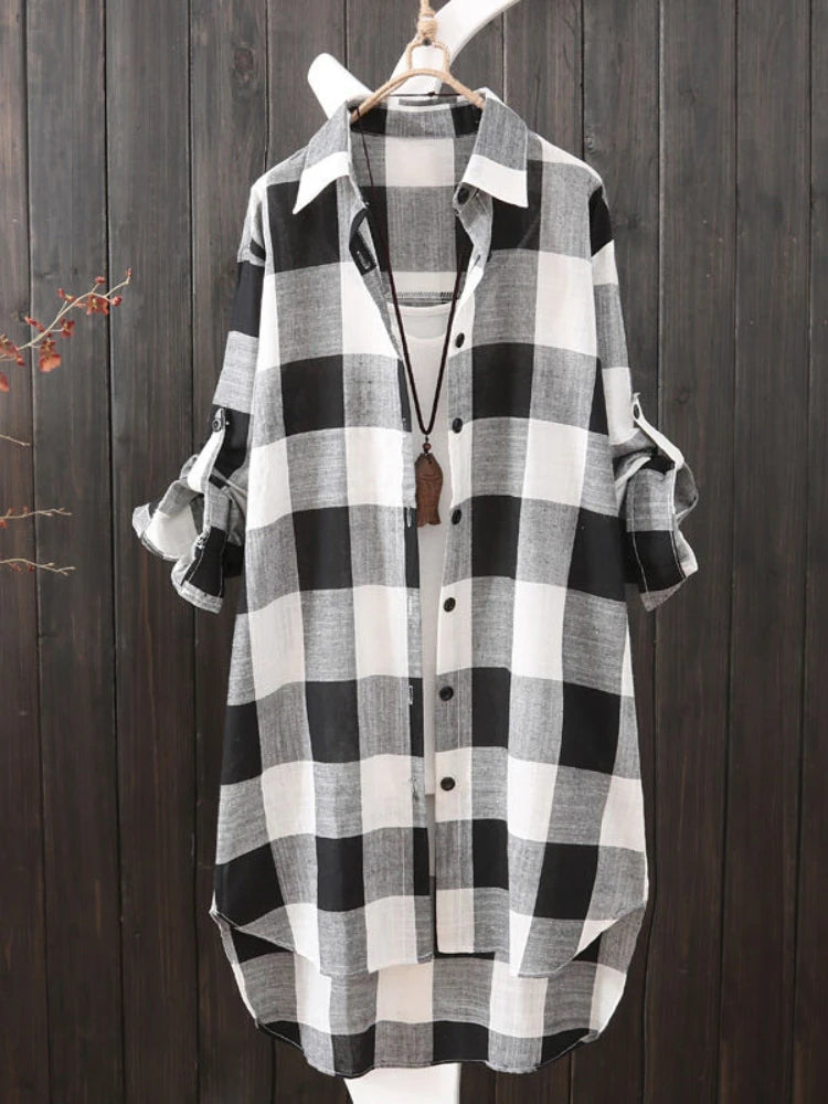 Casual Plaid Cotton Mid Length Shirt Fashion Women Loose Button 2023 Fall Blouse Long Sleeve Winter Sunscreen Plaid Shirt