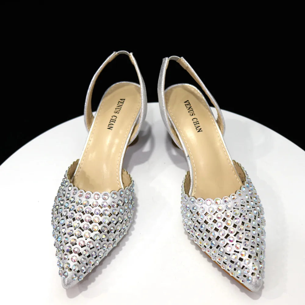 Venus Chan Talons Hauts pour Dame 2023 Designer De Luxe Couleur Verte Plein Diamant Bout Pointu Chaussures De Mariage Et Sac Ensemble pour la Fête
