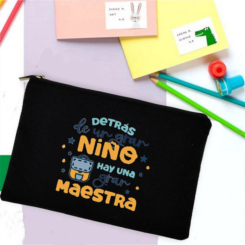 School Stationery Supplies Storage Bags Rainbow Teacher Spanish Printed Teacher Pencil Cases Travel Wash Pouch Gifts Makeup Bag