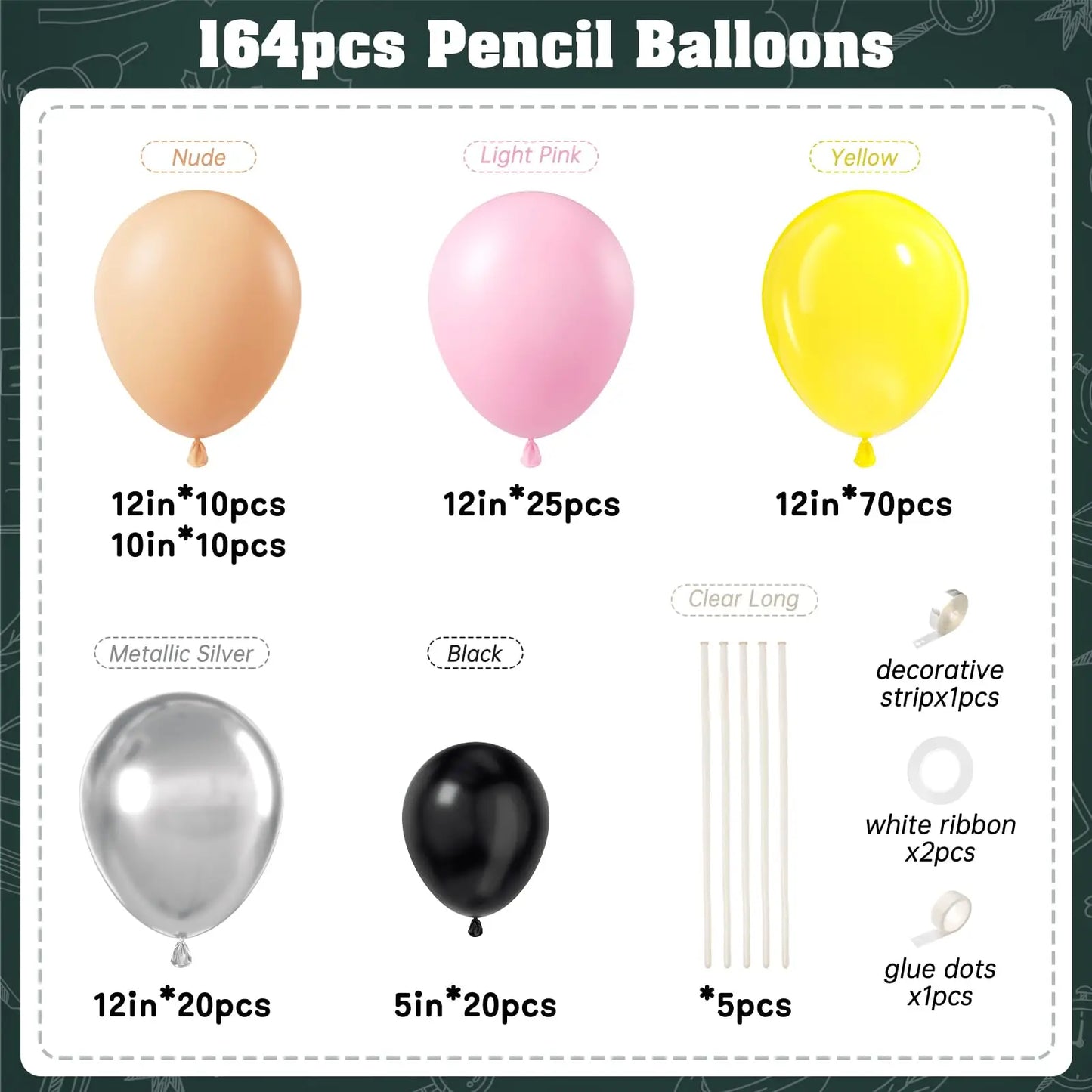 164pcs Back to School Balloon Garland Arch Kit DIY Colorful Pencil Balloon for Welcome Back to School Classroom Party Decoration