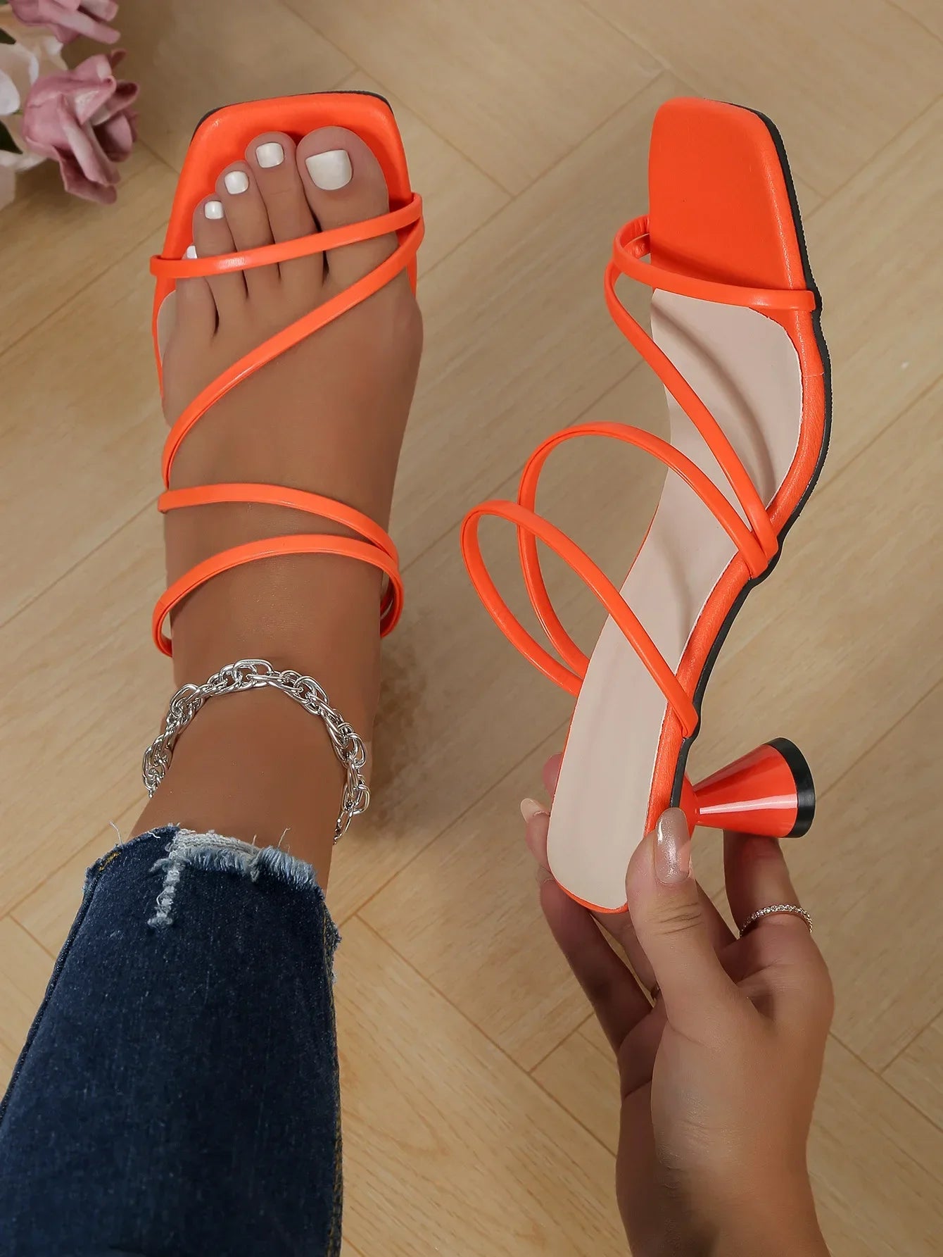 Sexy High Heels Slippers for Women New Summer Pumps Ladies Thin Band Square Toe Sandals Mules Party Shoe Sandalias De Mujer