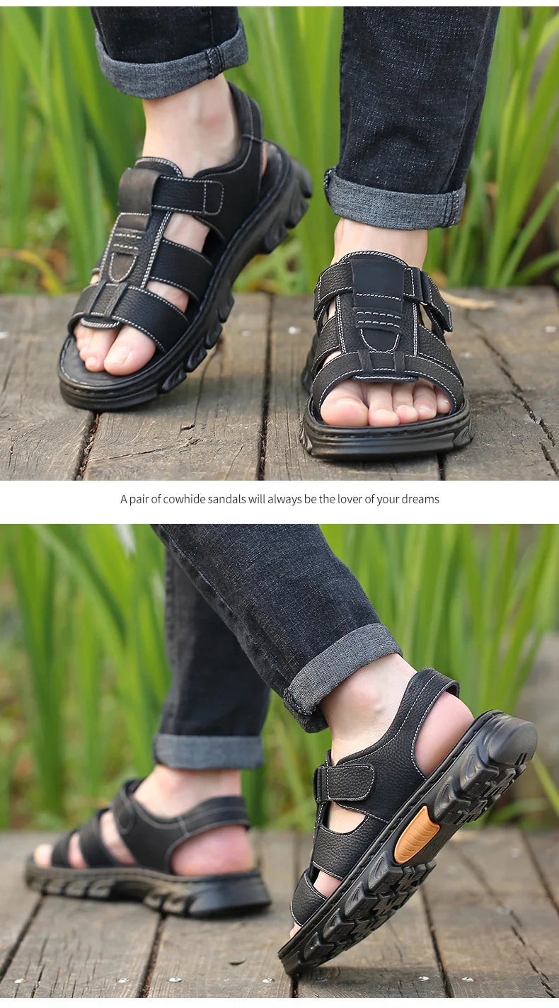 Sandales de luxe pour hommes Sandales en cuir de vache pour hommes 2024 Chaussures de plage à semelles épaisses antidérapantes d'été Baskets de loisirs en cuir faites à la main pour hommes