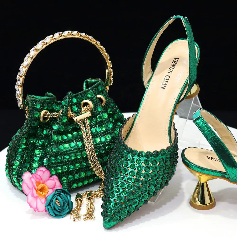 Venus Chan Talons Hauts pour Dame 2023 Designer De Luxe Couleur Verte Plein Diamant Bout Pointu Chaussures De Mariage Et Sac Ensemble pour la Fête