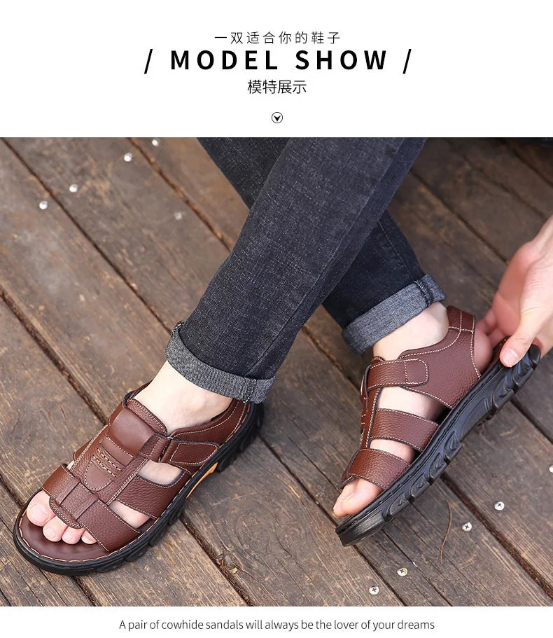 Sandales de luxe pour hommes Sandales en cuir de vache pour hommes 2024 Chaussures de plage à semelles épaisses antidérapantes d'été Baskets de loisirs en cuir faites à la main pour hommes