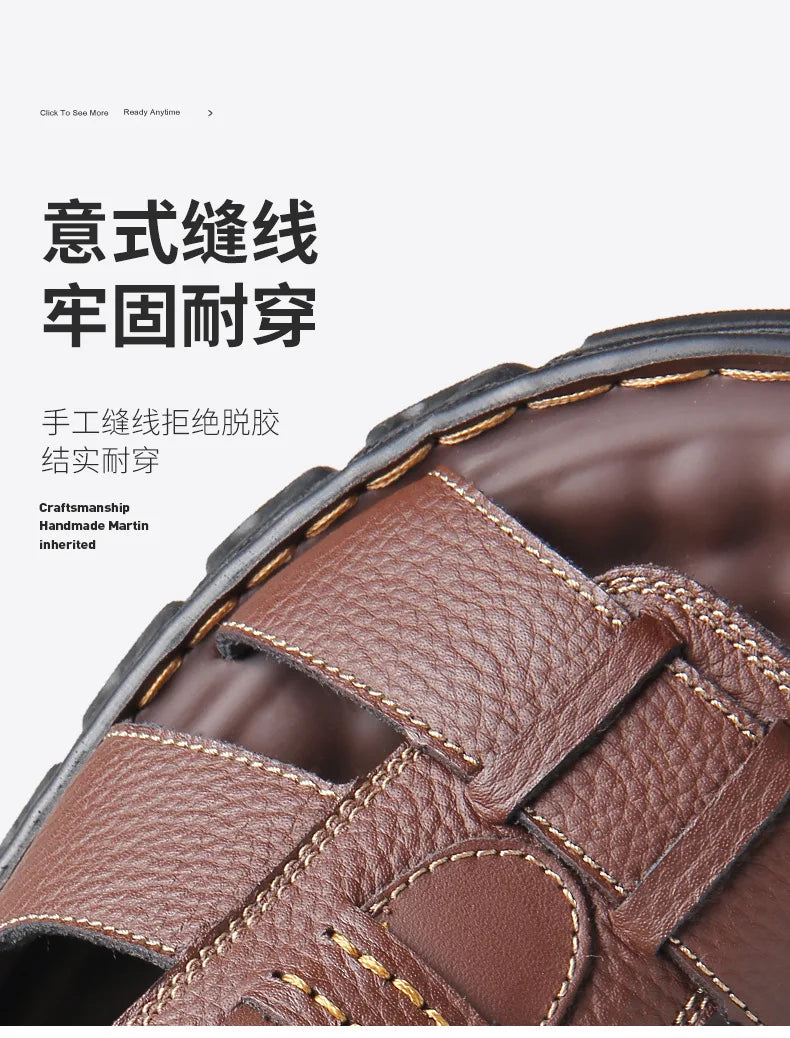 Sandales de luxe pour hommes Sandales en cuir de vache pour hommes 2024 Chaussures de plage à semelles épaisses antidérapantes d'été Baskets de loisirs en cuir faites à la main pour hommes