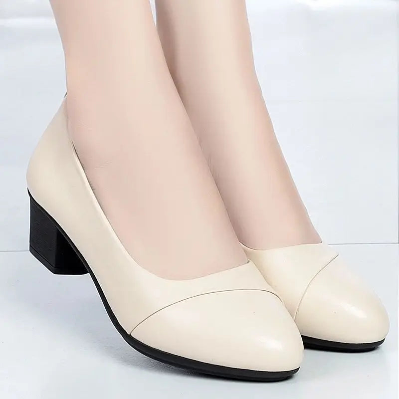 Shoes Women Mid Heel Office Lady Pumps PU Leather Black Basic Square Heeled Spring Autumn Loafers Female Zapatos