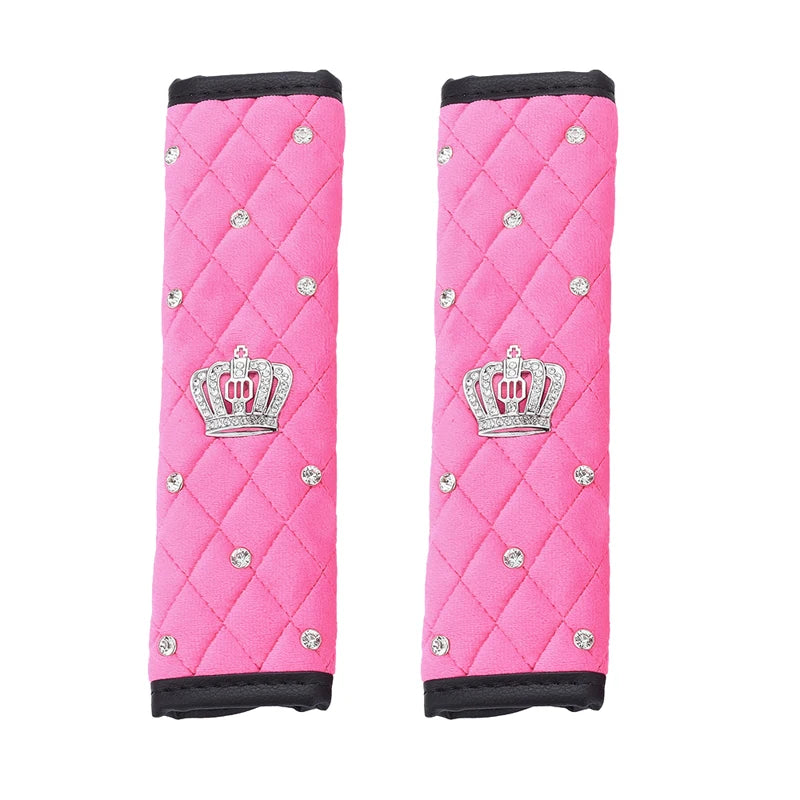 2pcs Fashion Rhinestone Leather Car Sefety Seat Belt Cover Crystal Crown Universal Shoulder Pad Car Styling Interior Accessories