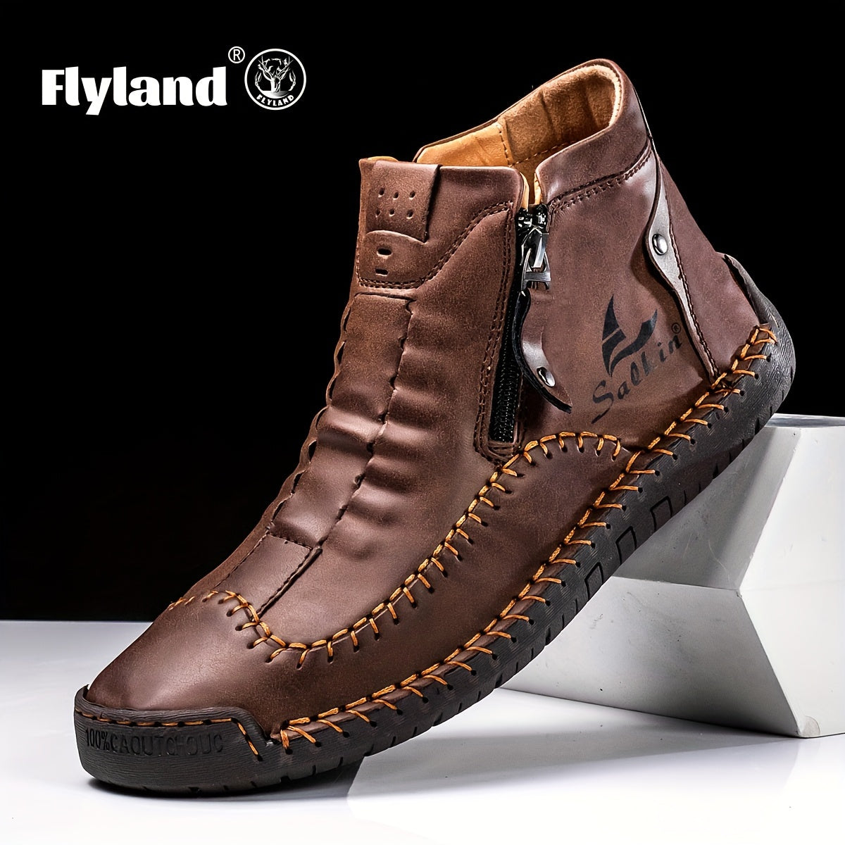 Comfortable Wear-resistant FLYLAND Men's Ankle Boots Vintage Style Non-slip Stitch Boots for Hiking Trekking Climbing Outdoor Shoes
