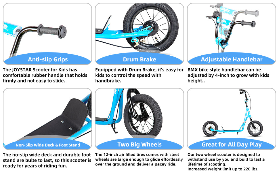 JOYSTAR Kick Scooter for Ages 5-9 Years Old Kids with 12 Inch Front and Rear Wheel, Rear V-Brake and Adjustable Handlebar